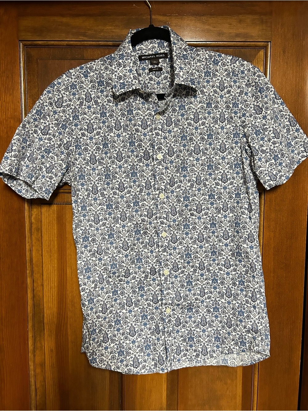 Michael Kors Men's White and Blue Floral-Print Short Sleeve Shirt